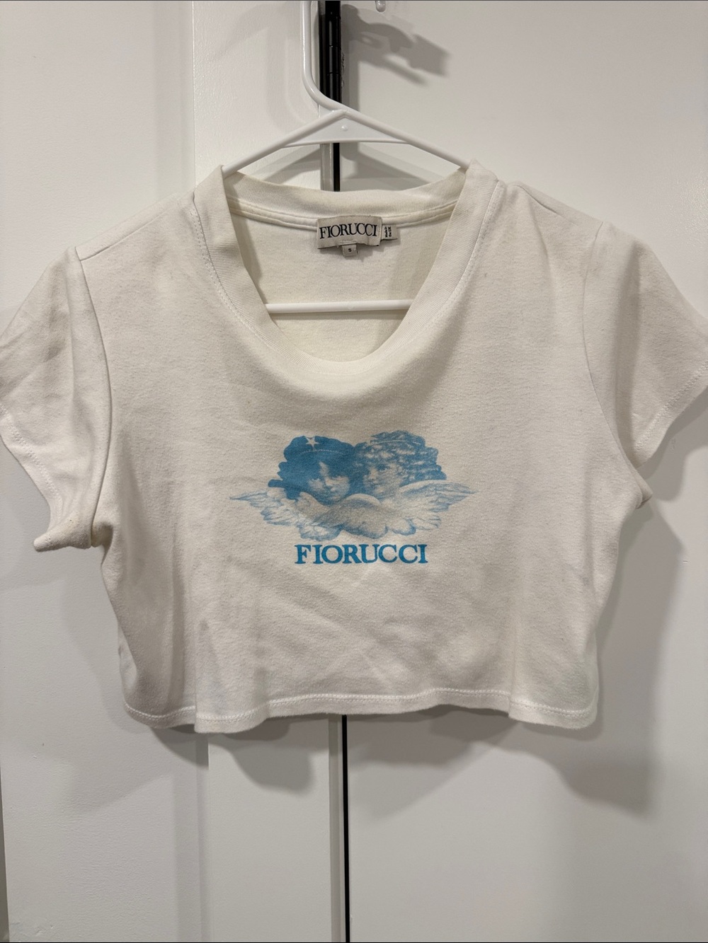 Fiorucci White Cropped Tee with Blue Cherub Print